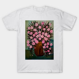 Some pink daisy In a gold and turquoise vase T-Shirt